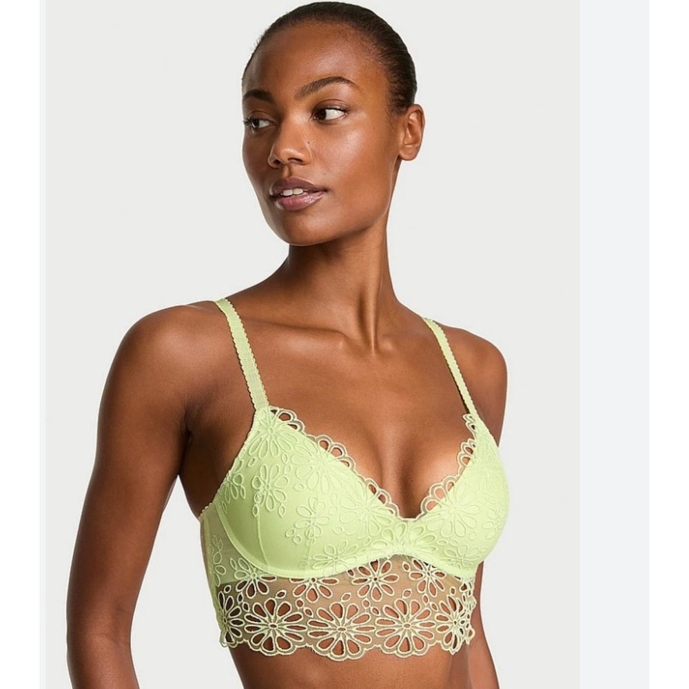 Victorias Secret Lime Green Floral Eyelet Longline Wireless Bra 38C Padded